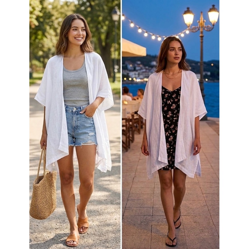 Cynthia Rowley White 100% Linen Kimono Open Front Swim Coverup One Size OS